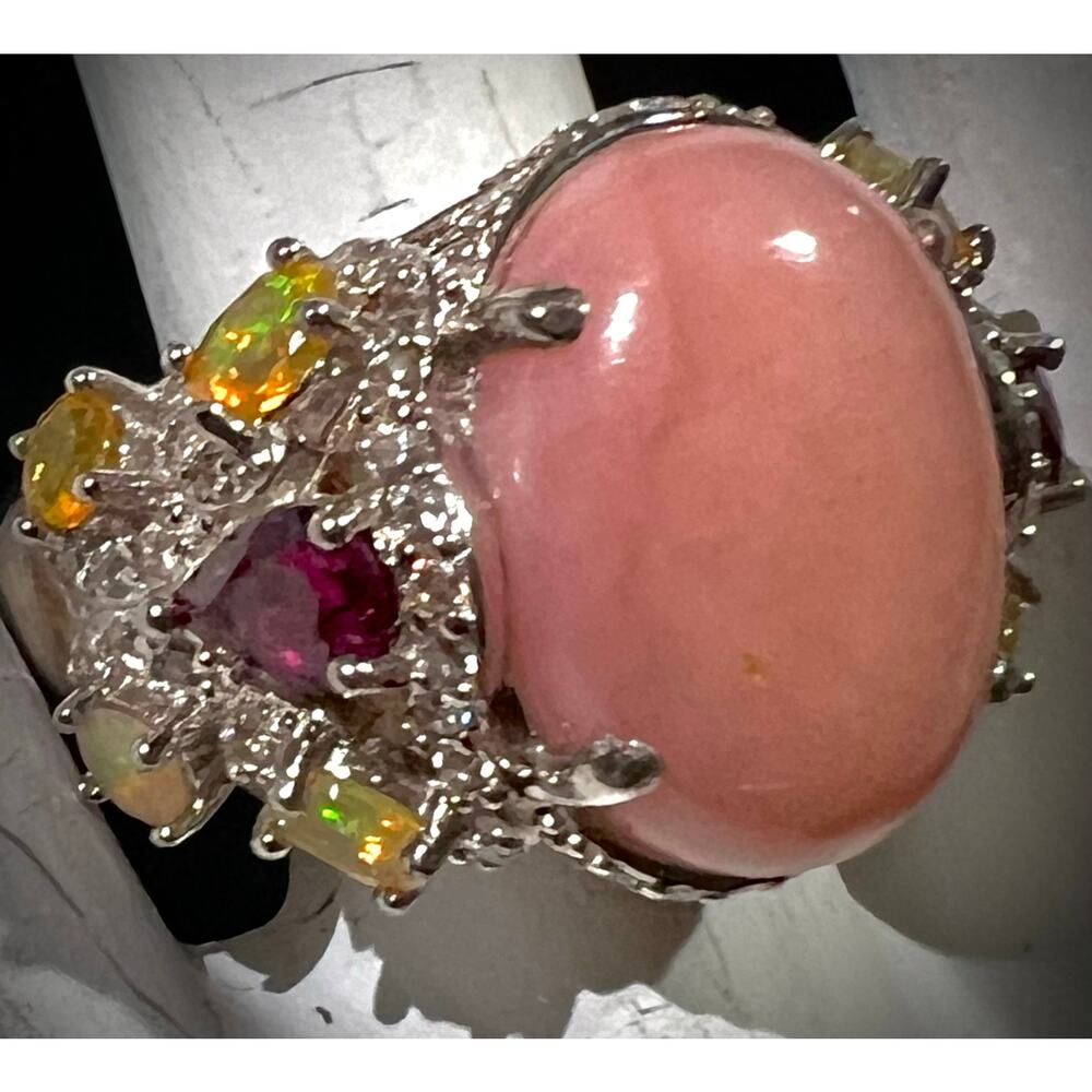 BBJ Pink Peruvian Opal & Rainbow Gemstone Garden Ring 925